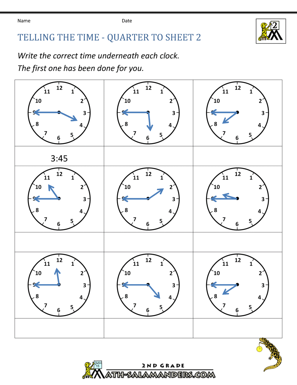 Telling time 2nd grade worksheet