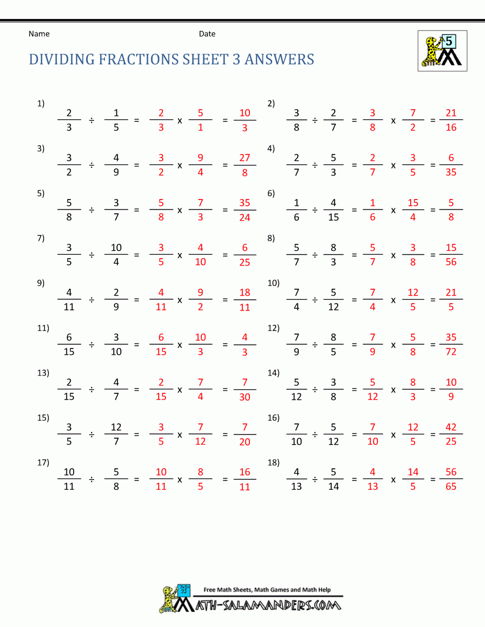 Visualizing division of fractions worksheets