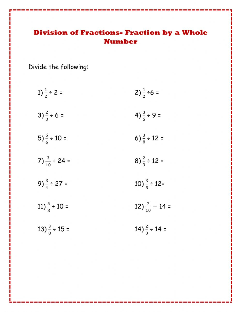 Modeling division of fractions worksheet