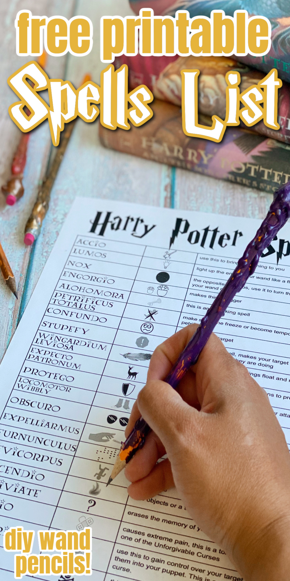 Harry potter spells list printable and wand pencils
