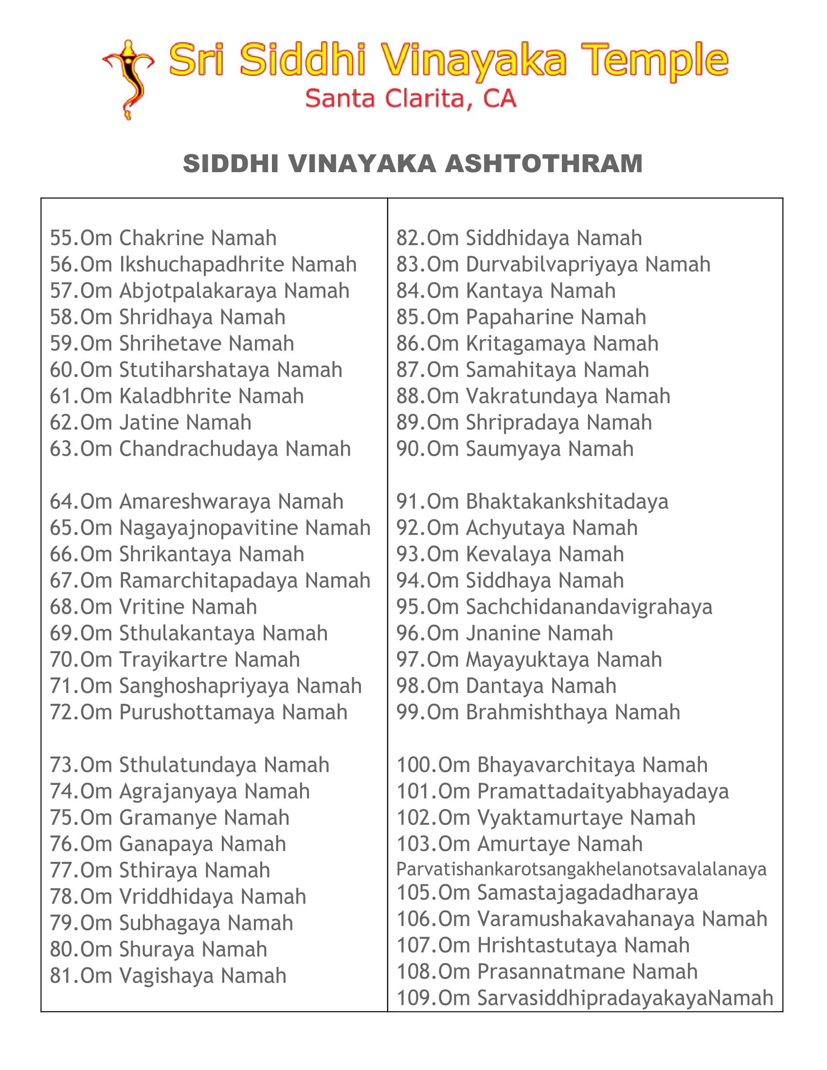 photo Vinayaka Ashtothram Telugu Pdf Download siddhivinayaka ashtothram sri siddhi vinayaka temple santa clarita