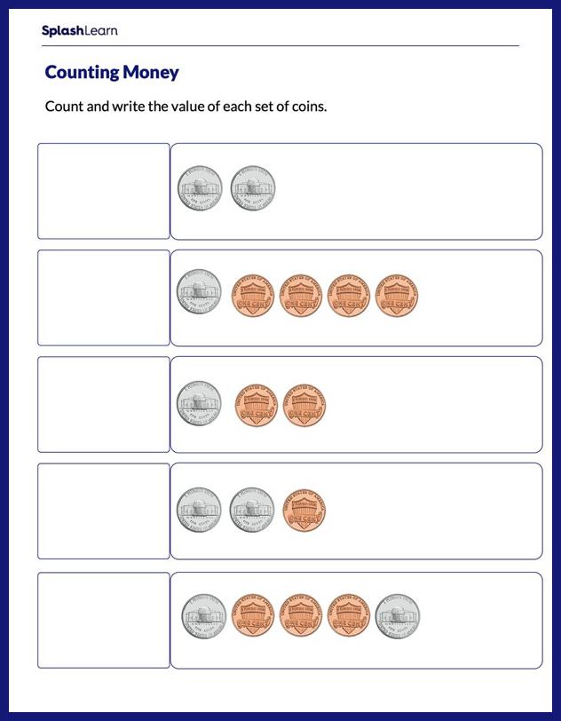 Grade 1 counting money worksheets pennies nickels and dimes k5 learning