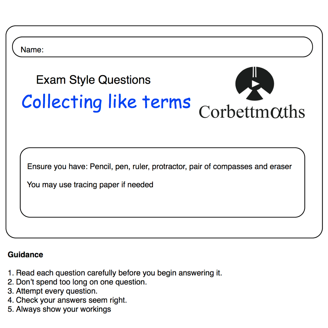 Collecting like terms practice questions