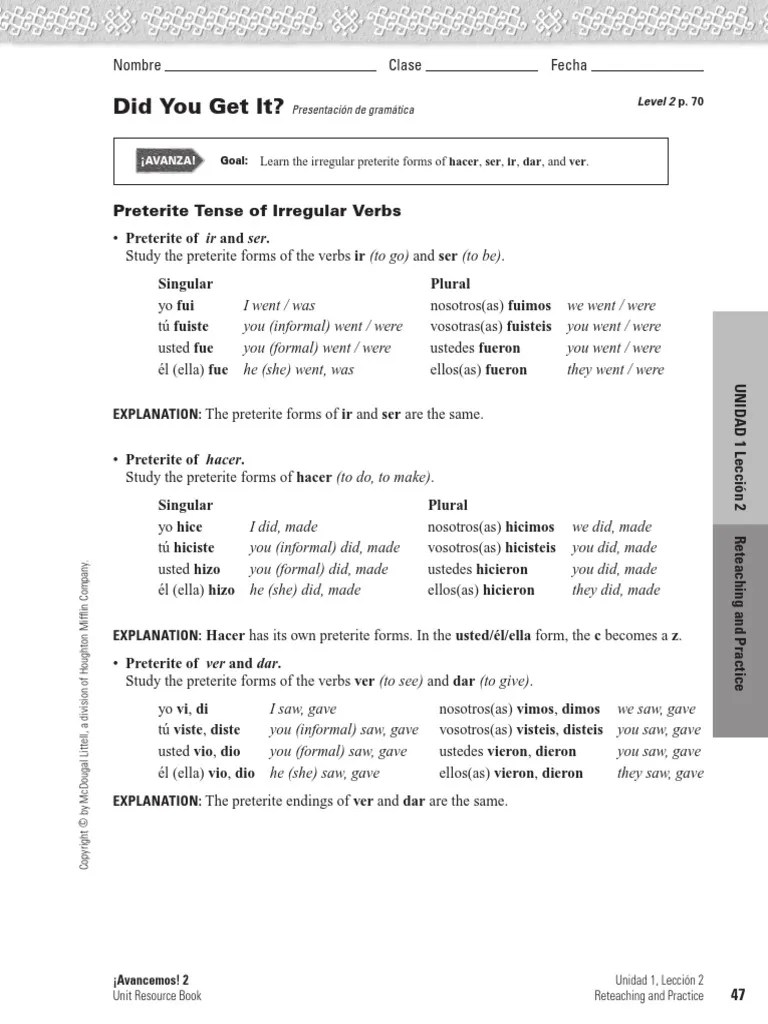Avancemos 2 unidad 4 leccion 1 answer key reteaching and practice
