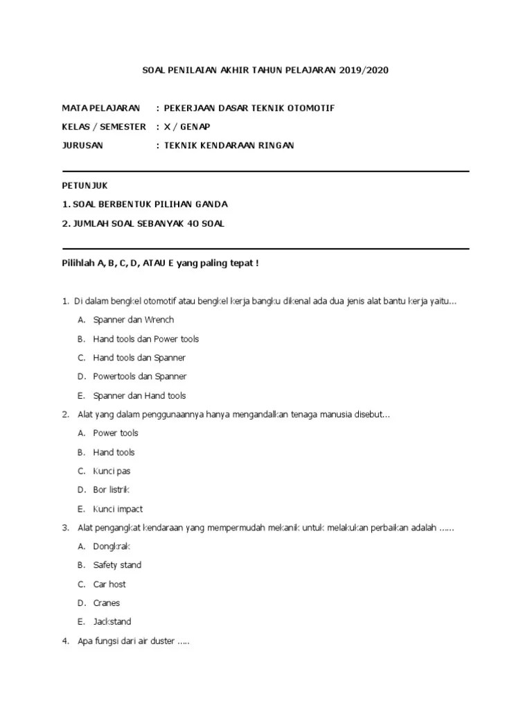 Soal Pdto Hand Tools / Soal Pdto X Cetak Docx Lembaran Soal Evaluasi  Belajar Bersama Mata Pelajaran Pekerjaan Dasar Teknik Otomotif Semester I  Ganjil Program Keahlian Teknik Course Hero / Materi pdto