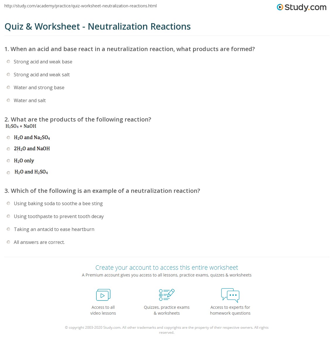 Chemistry Neutralization Reactions Worksheet 1 Printable