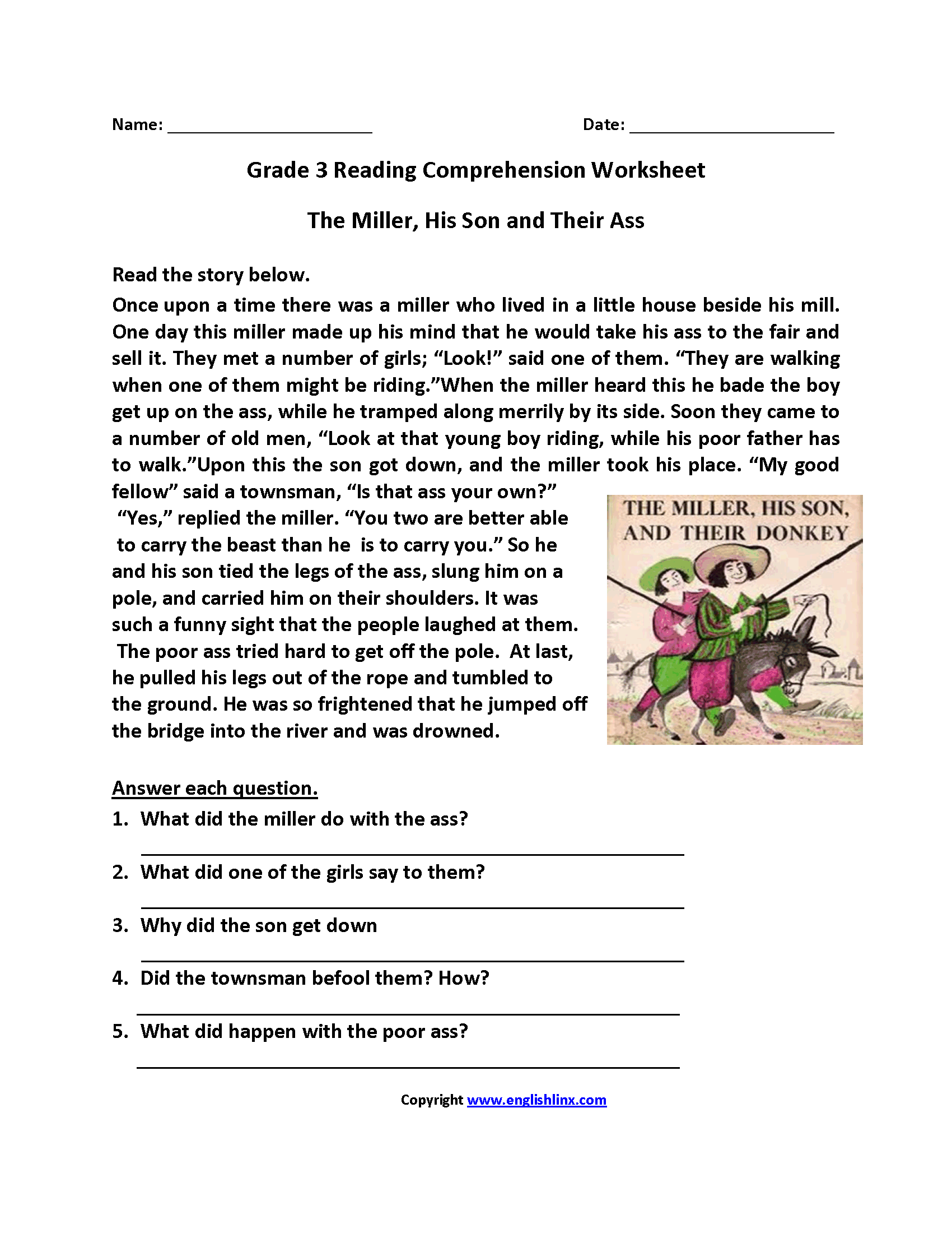 3rd grade reading comprehension worksheets multiple choice pdf