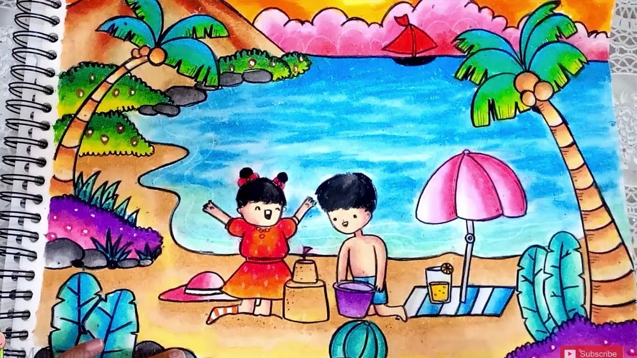 Cara Menggambar Dan Mewarnai Pemandangan Pantai Dengan Gradasi Warna Oil Pastel (Crayon) By Momocha Drawing 720_X_1280_jpg