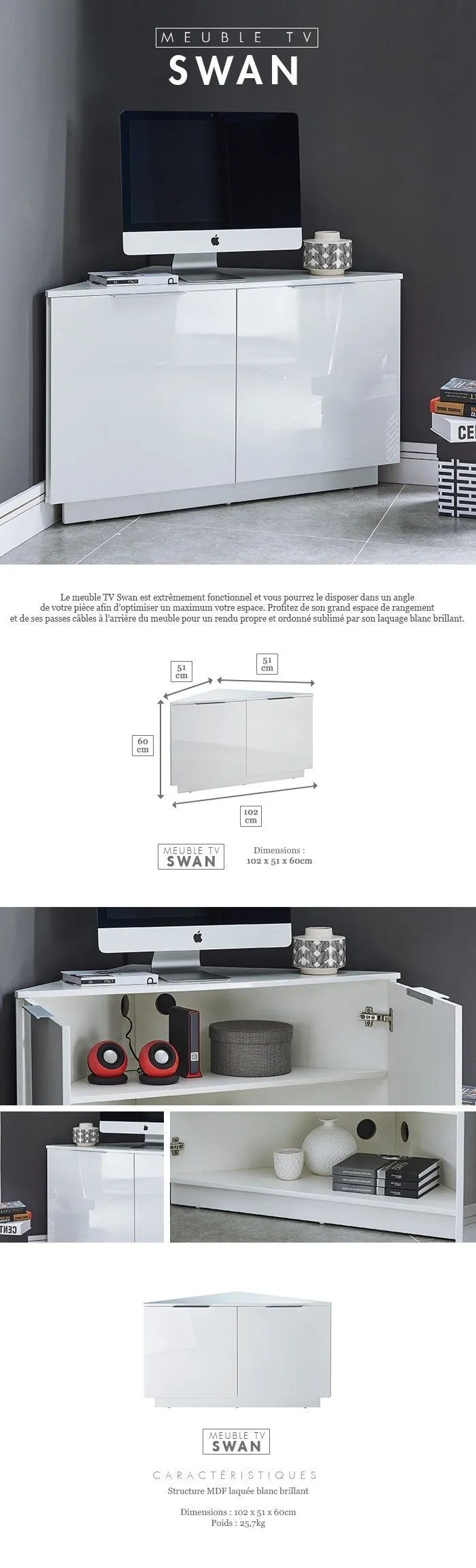 Meuble tv d angle design: SWAN Meuble TV d'angle contemporain laquÃ© blanc brillant - L 102 cm