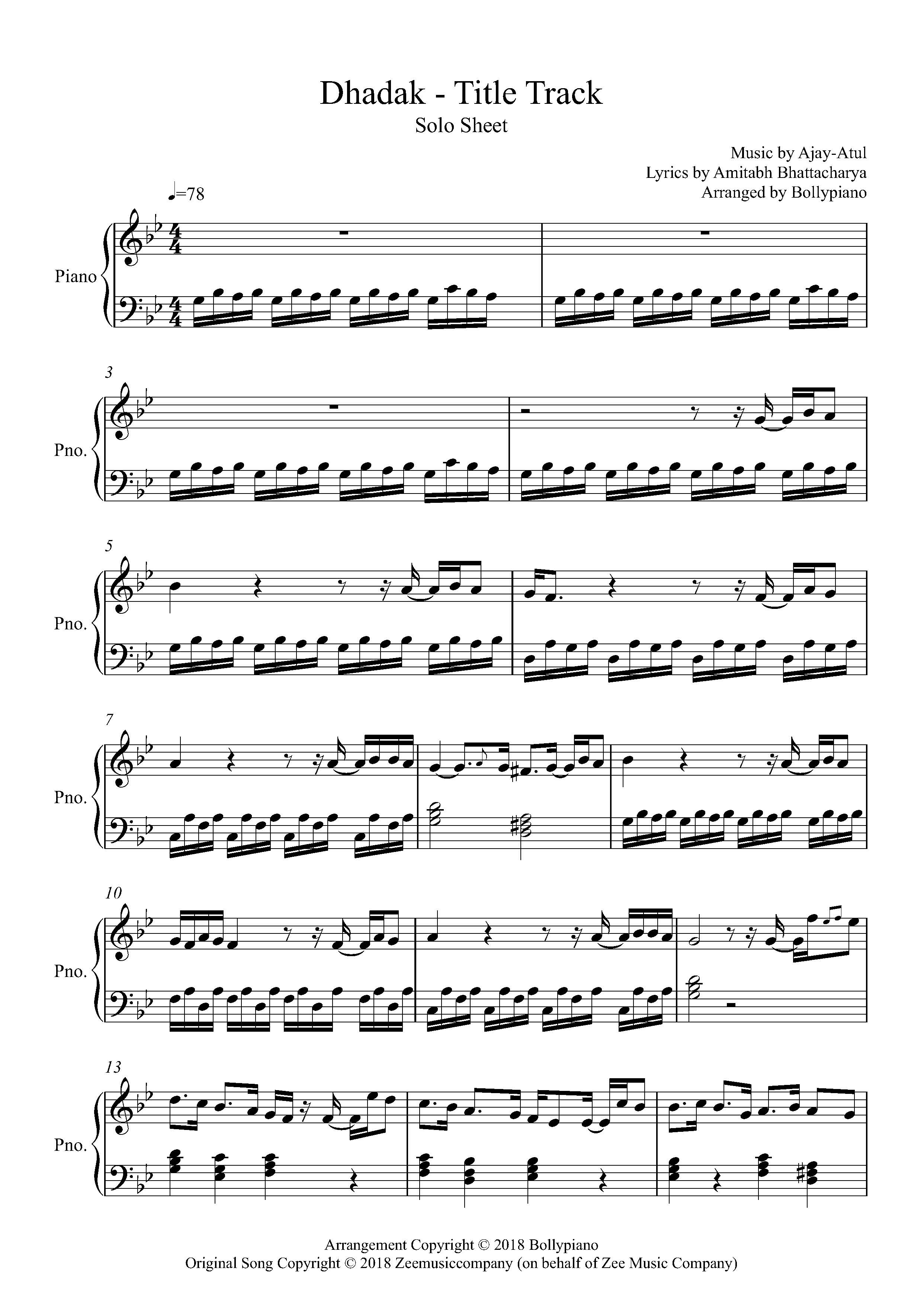 Dhadak Title Track Piano Notes Ajay Atul Piano Solo Sheet Music Pdf 