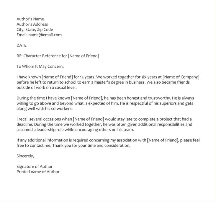 Sample Character Reference Letter For A Friend Colleague Calendar Letters