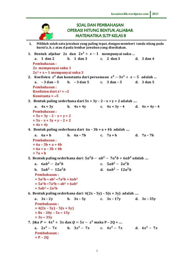 Soal Aljabar Kelas 7 Pdf Cara Golden Contoh soal aljabar kelas 7 beserta jawabannya.