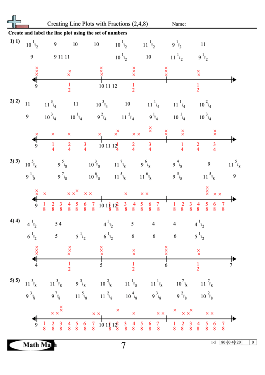 Line plots with fractions worksheets
