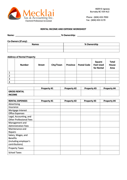 20++ rental income and expense worksheet
