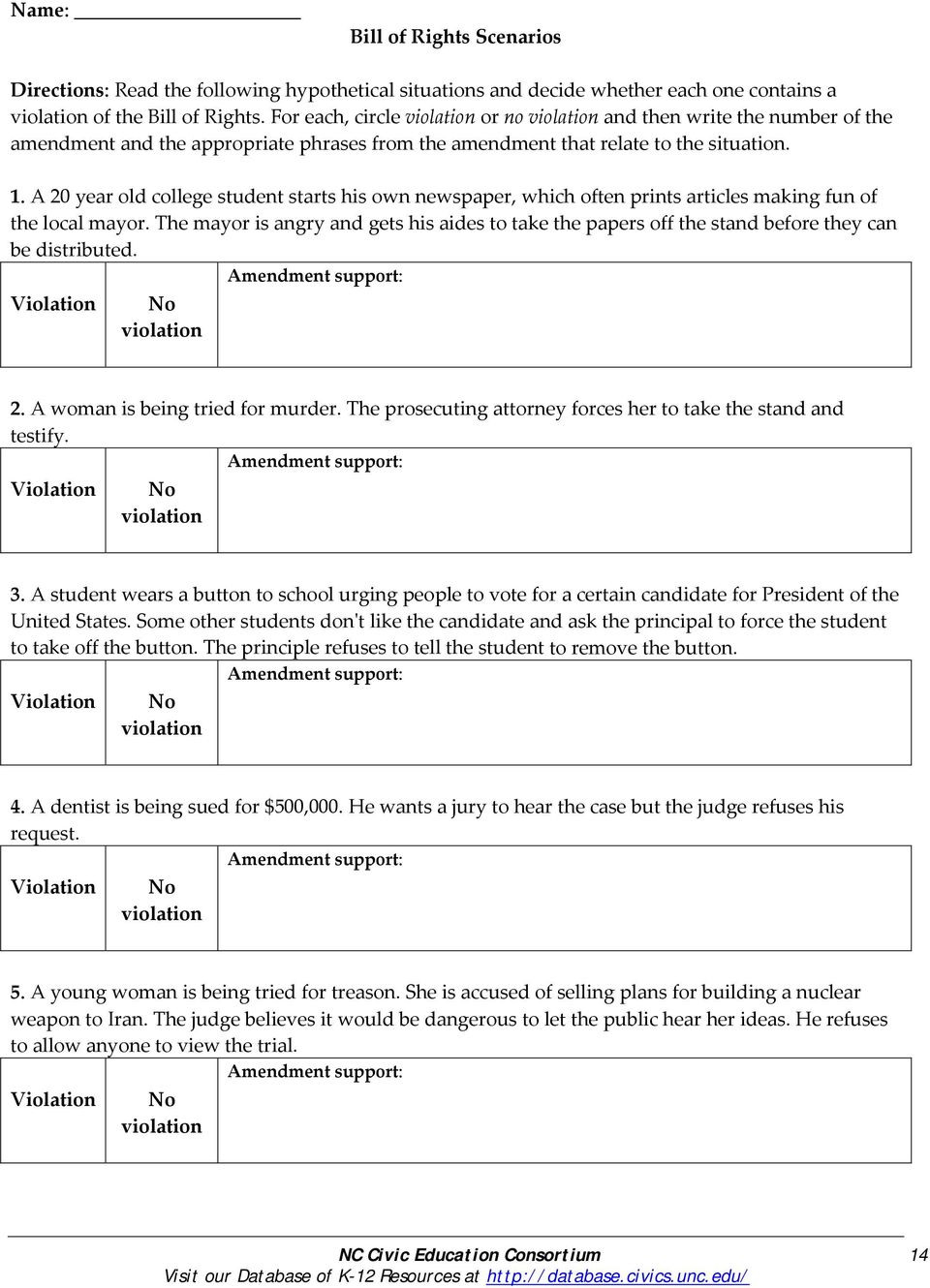 Using the bill of rights scenarios worksheet answers