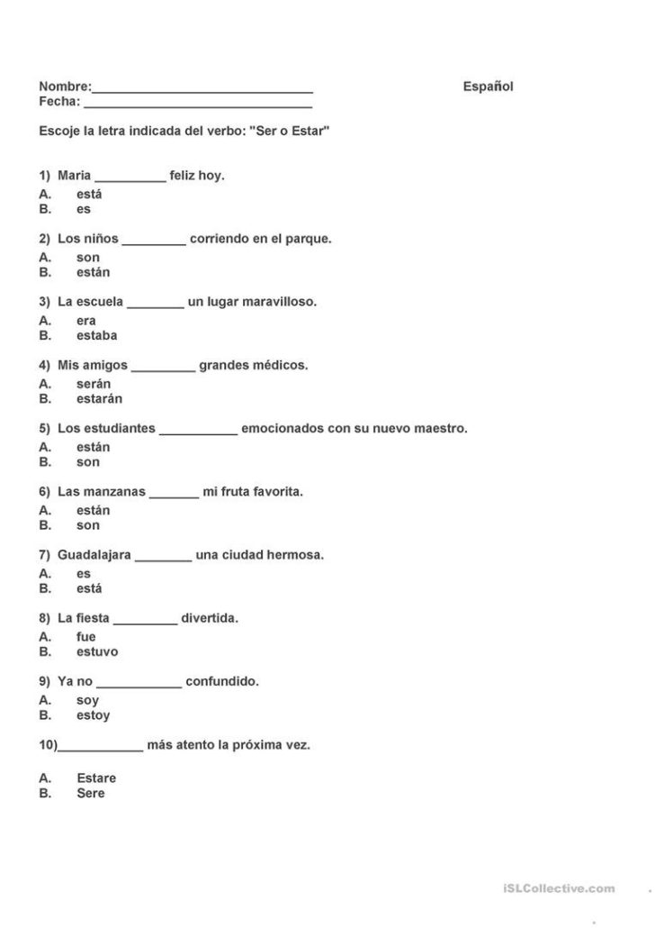 El verbo ser worksheets answers