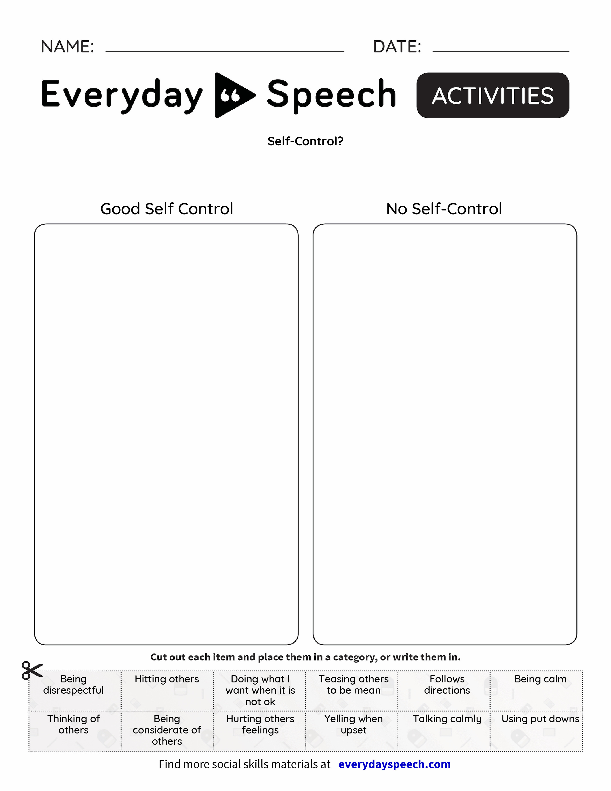 Worksheets on self control