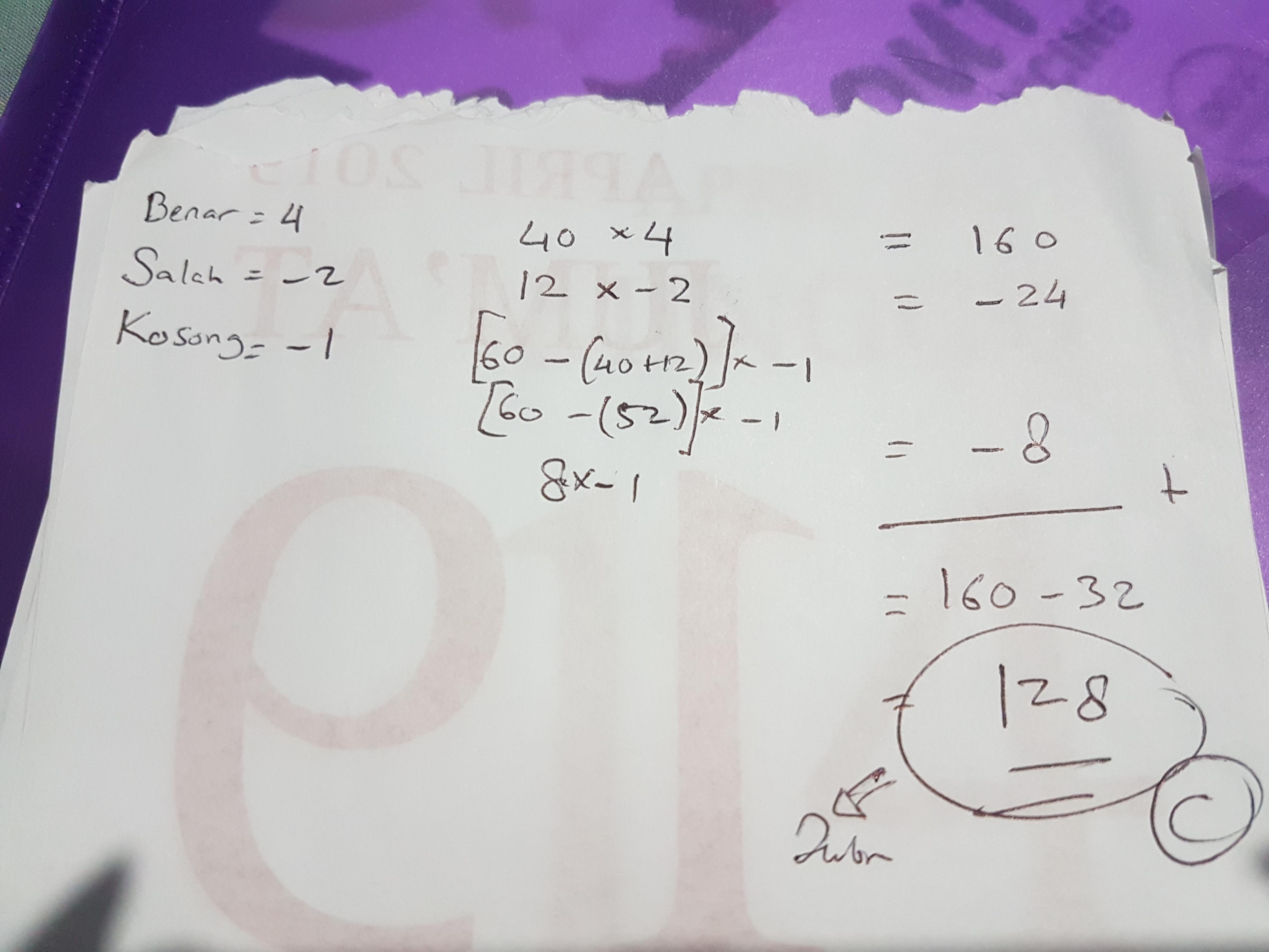 Dalam kompetisi matematika setiap jawaban benar diberi skor 4 salah