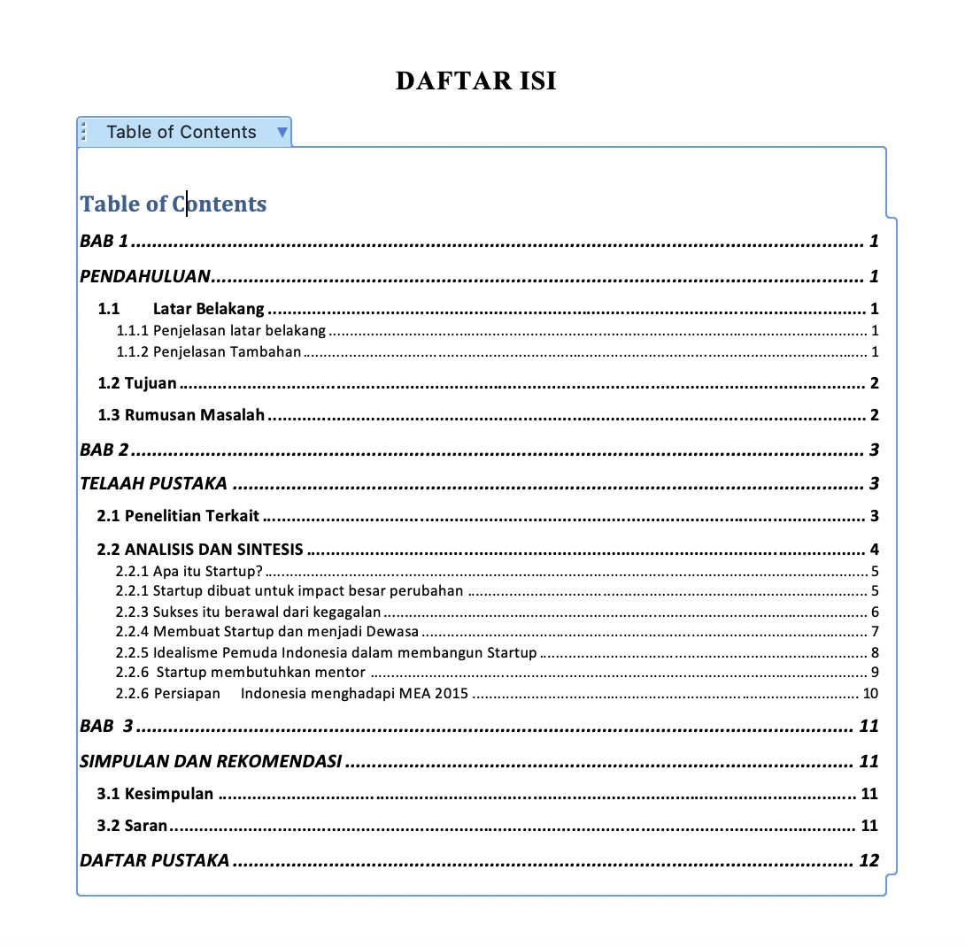 Cara buat daftar isi skripsi