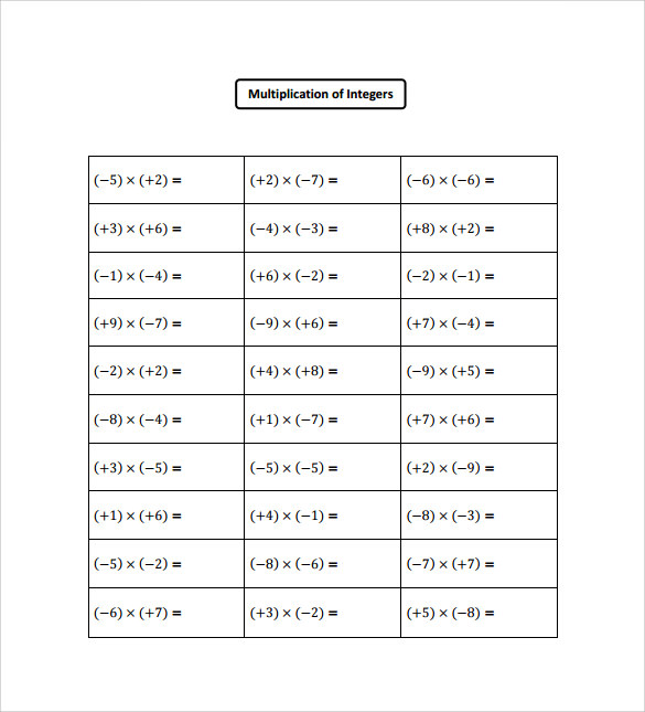 Worksheet multiplying integers
