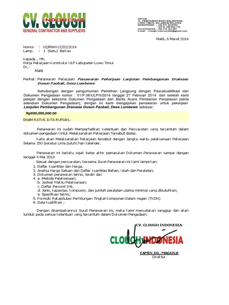 Contoh Surat Penawaran Tender Pengadaan Barang - Kumpulan Contoh Surat dan  Soal Terlengkap