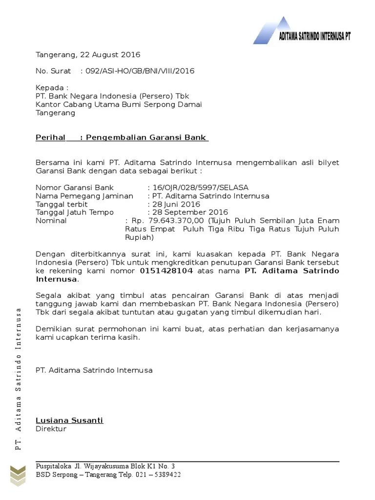 Surat Pencairan Jaminan Untuk mengambil dana bos sdn sekarjati 1 tahap 1 nomor rekening.