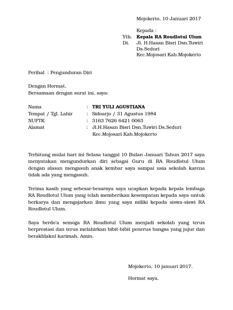 Contoh Surat Resign Kerja Guru Nusagates 