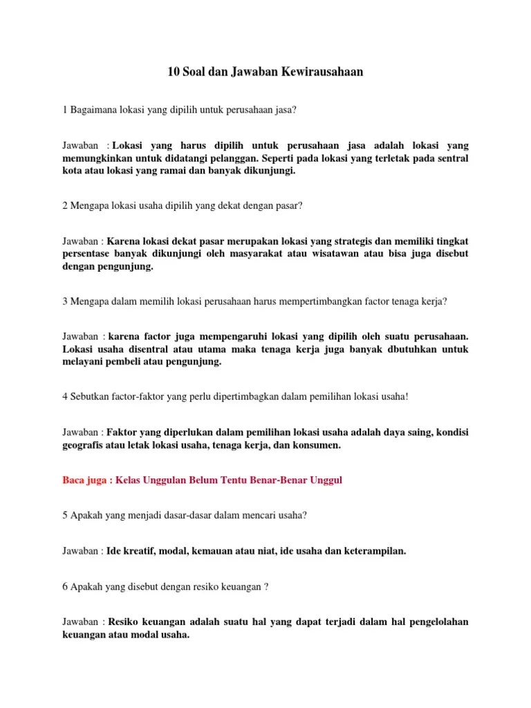 Soal Dan Jawaban Kewirausahaan Tentang Peluang Usaha - Kumpulan Contoh  Surat dan Soal Terlengkap