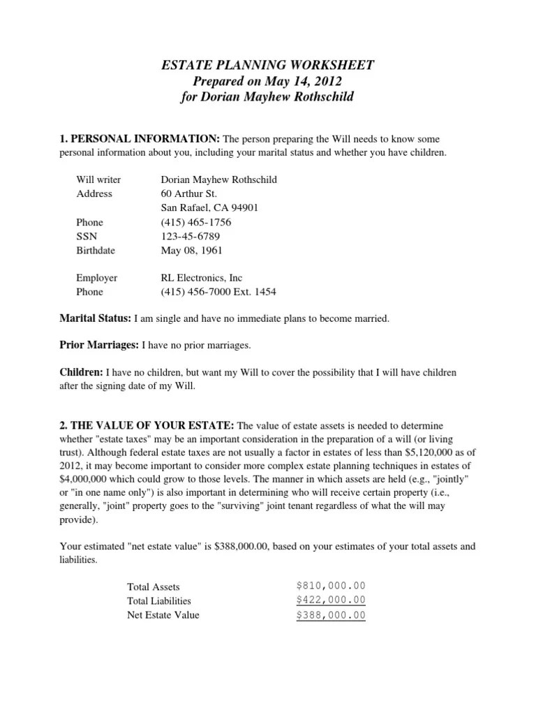 10++ living trust worksheet