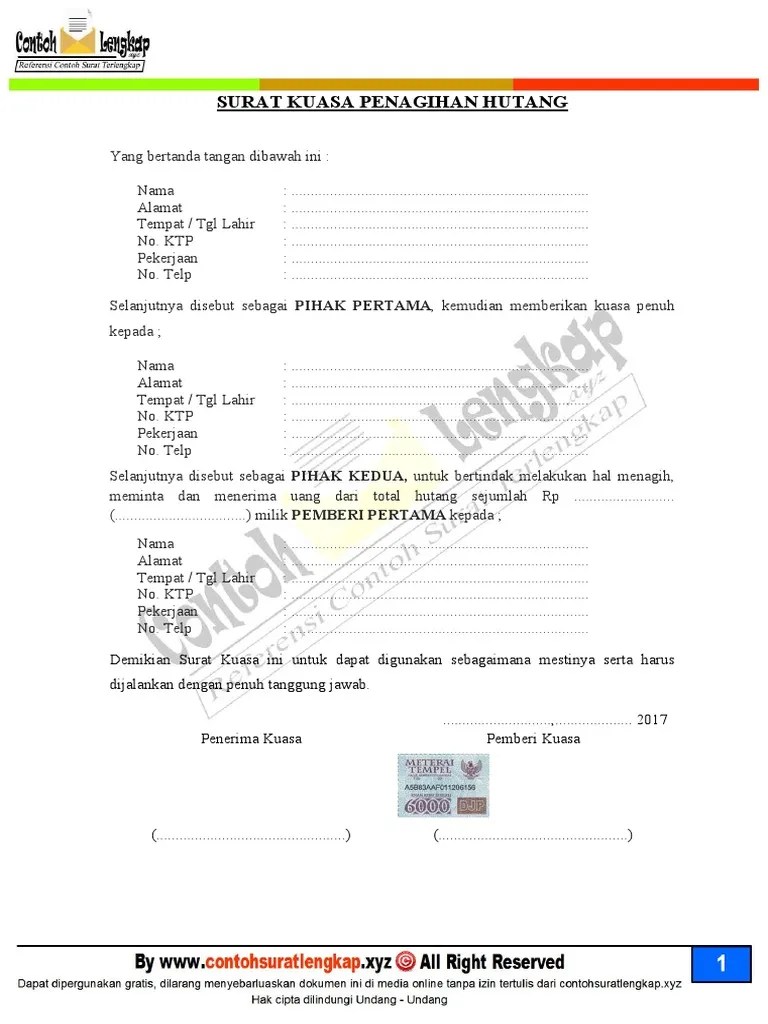 Contoh Format Surat Kuasa Penagihan Utang - Kumpulan Contoh Surat dan Soal  Terlengkap