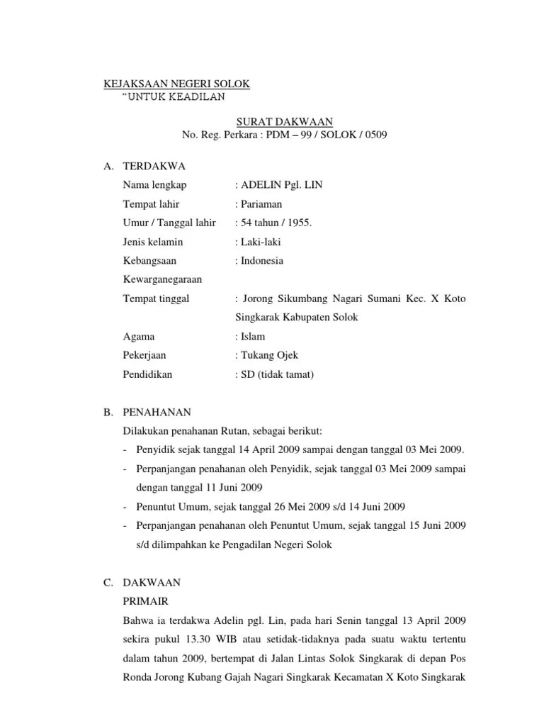Contoh Surat Dakwaan Dalam Hukum Acara Pidana Schaal Yahya 