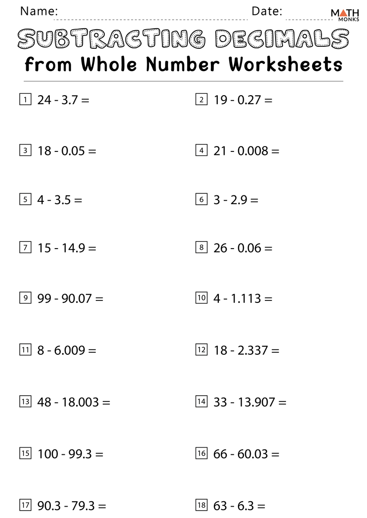 Adding and subtracting decimal worksheets