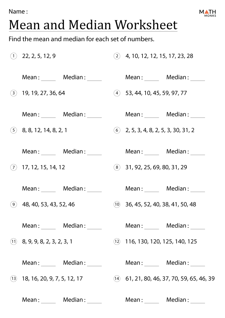 Mean median mode worksheets printable