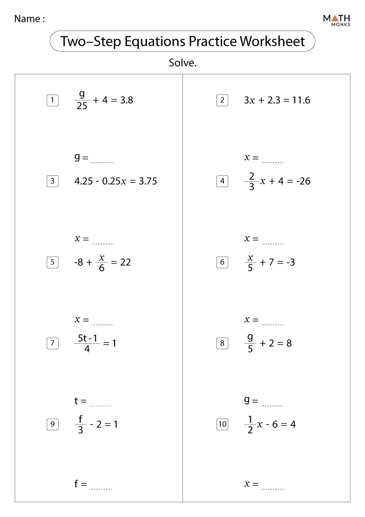 Solving two step equations worksheets
