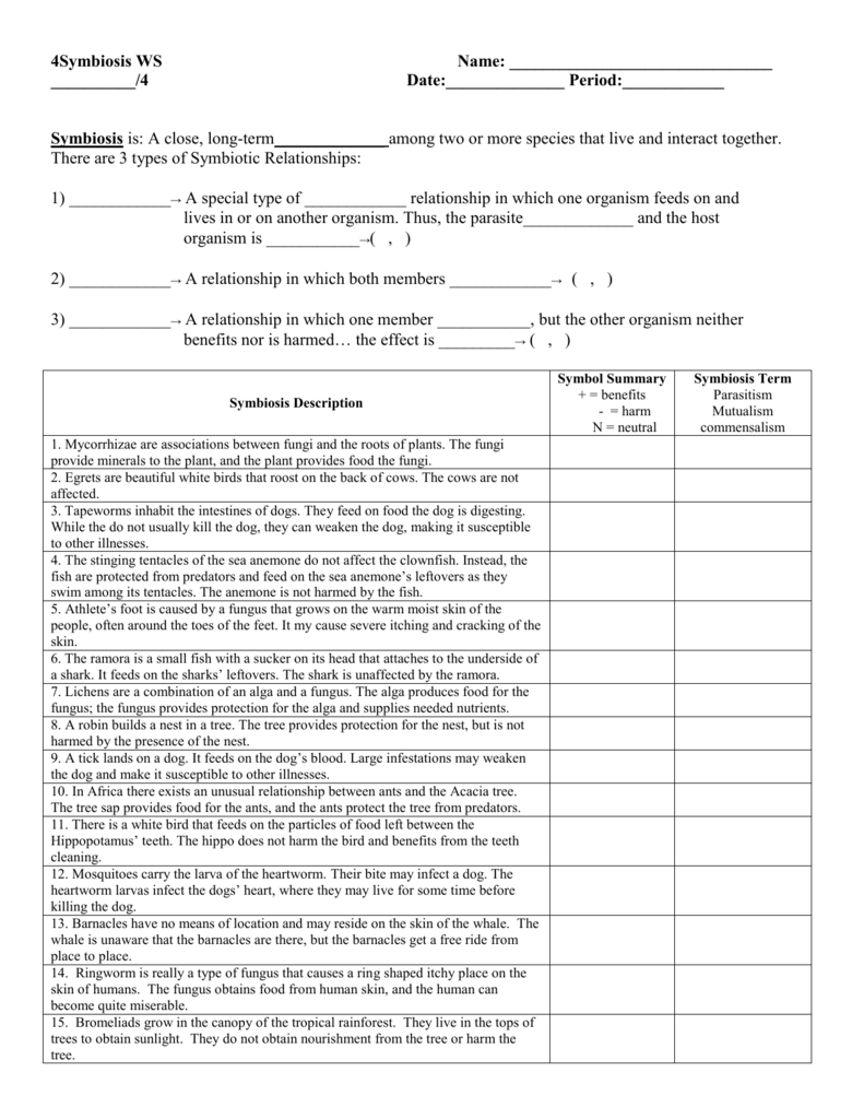 Symbiosis practice worksheet answer key