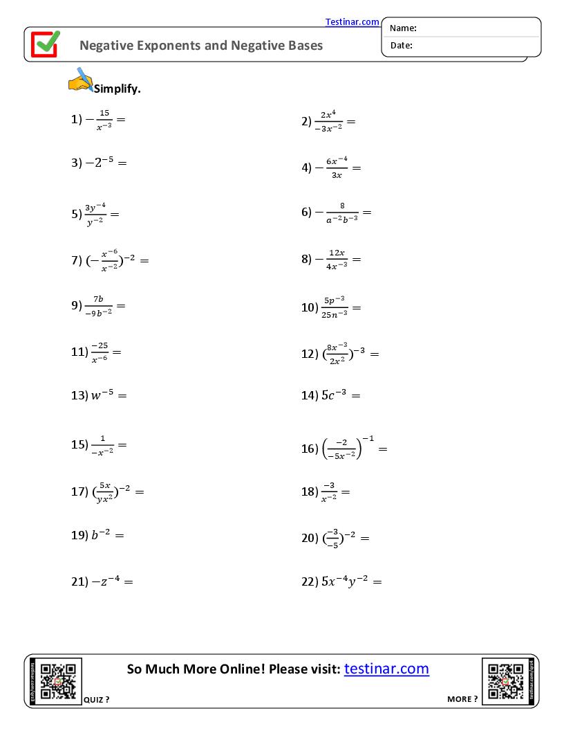 Exponents with negative bases worksheet