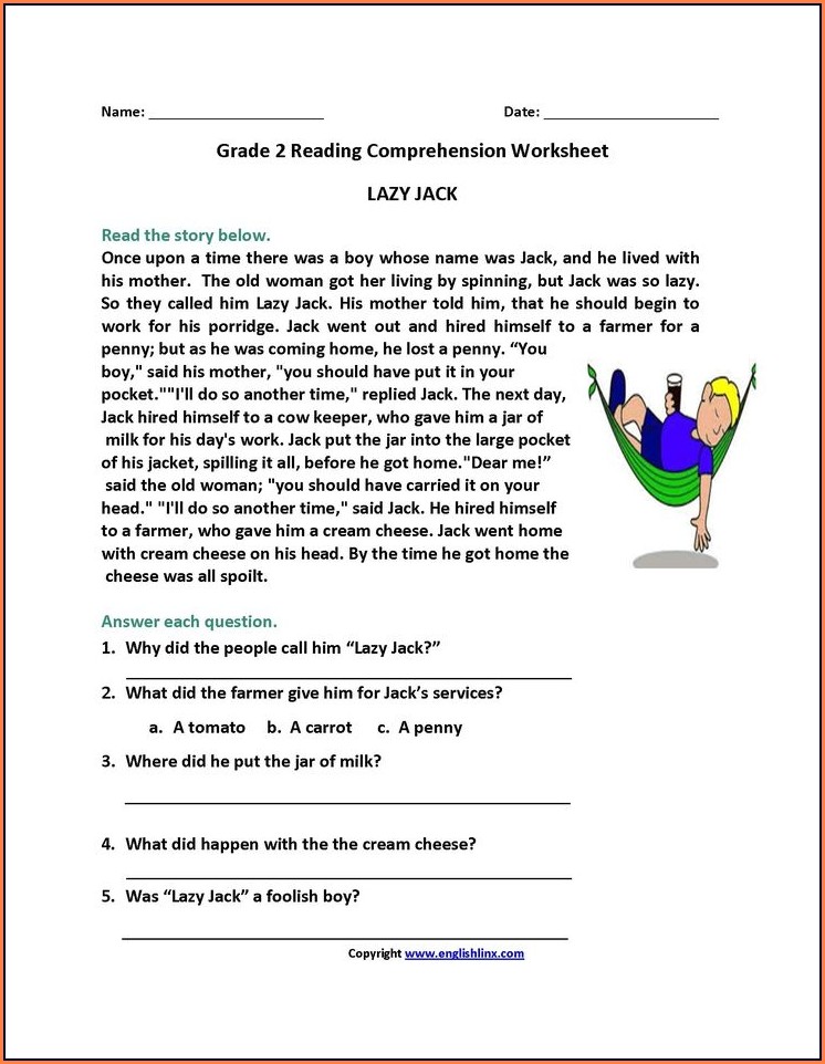 Reading comprehension worksheets for 1st graders worksheet