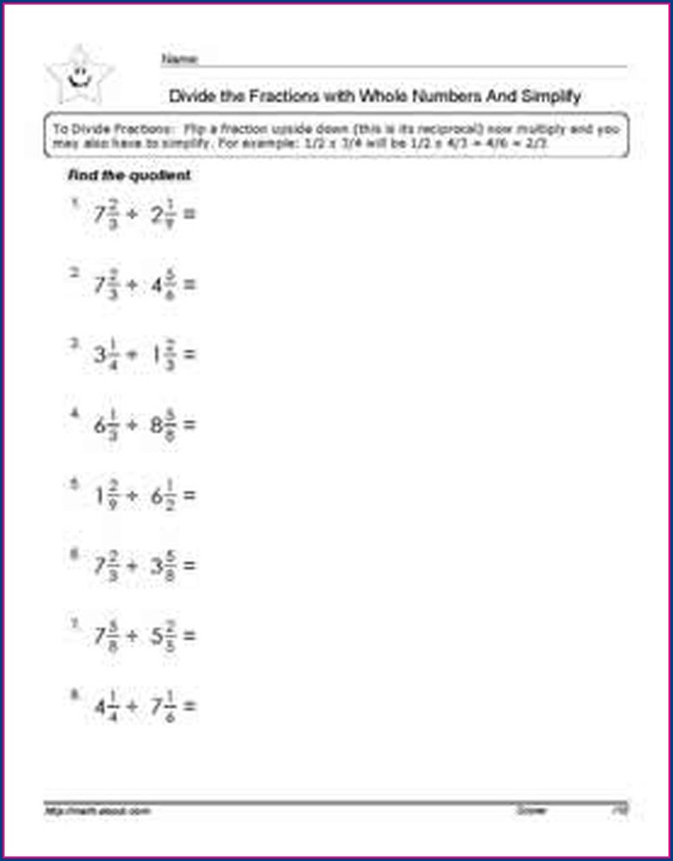 Dividing whole numbers by fractions using models worksheets