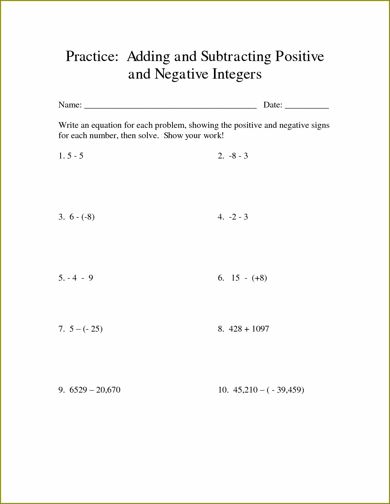 Adding subtracting negative numbers worksheet worksheet