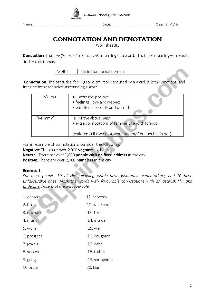 Denotation and connotation worksheet answers