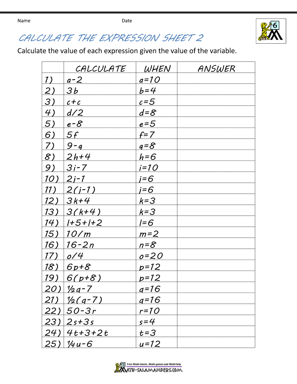 30++ algebra worksheets grade 6