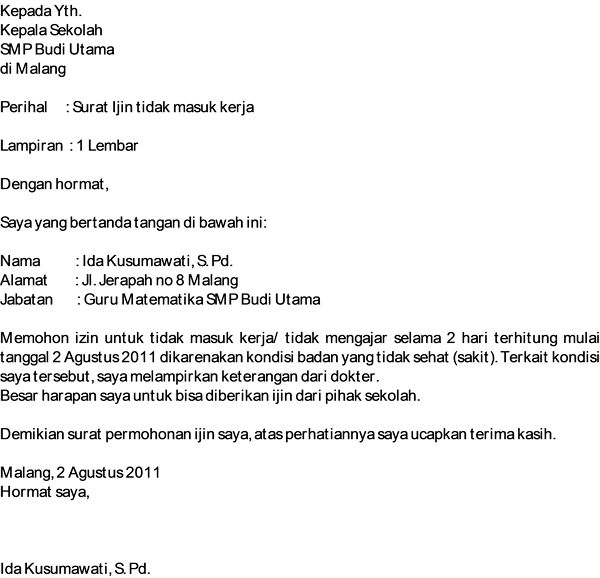Contoh Surat Izin Tidak Masuk Kerja Yang Benar 2021 Contoh Surat 