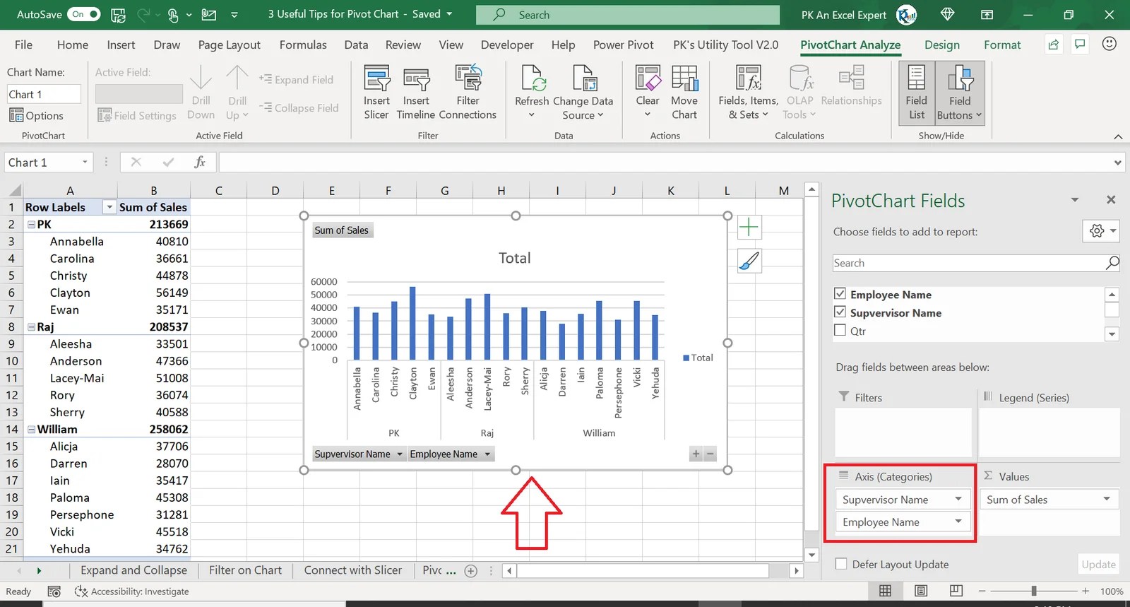 Insert a clustered column pivot chart in the current worksheet