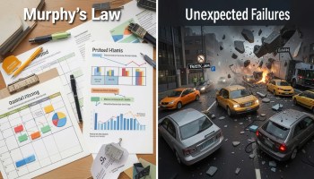 Murphy’s Law showing multiple real-world failures such as system crashes, travel delays, and broken processes occurring simultaneously despite careful planning.