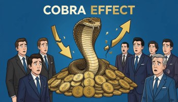 The Cobra Effect illustration showing a government reward program unintentionally increasing the cobra population through poorly designed incentives.