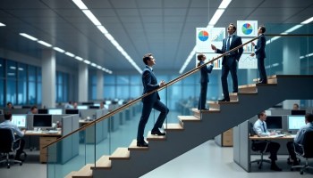 Employee climbing the corporate ladder and becoming overwhelmed at a higher management level, illustrating the Peter Principle in a modern workplace.