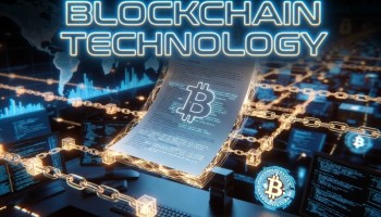 Futuristic digital illustration of Blockchain Technology showing Satoshi Nakamoto’s Bitcoin whitepaper floating above a glowing decentralized network with golden blockchain chains, holographic Bitcoin symbol, and cyberpunk workspace. Large neon text 'BLOCKCHAIN TECHNOLOGY
