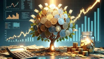 Compound interest concept showing exponential wealth growth with rising investment charts, multiplying coins, money tree, and long-term financial success.