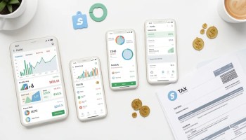 Smartphone displaying personal finance apps with budget tracking, investment portfolio analysis, expense management, and savings goals