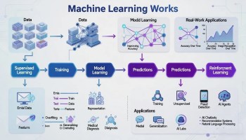 Machine learning infographic showing how AI learns from data through training, pattern recognition, model optimization, and prediction, with examples including spam filtering, fraud detection, recommendation systems, medical diagnosis, and AI chatbots.